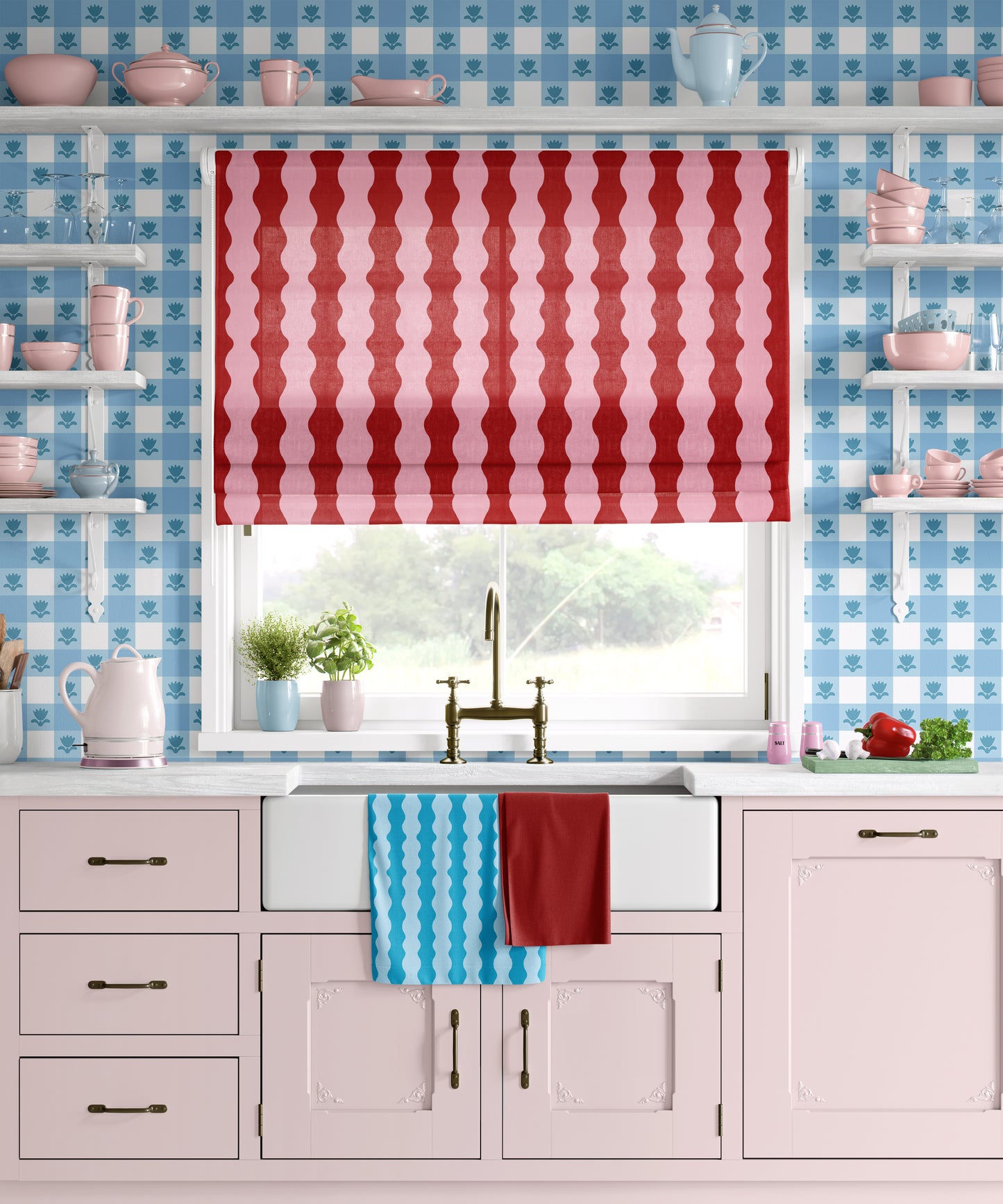blue gingham wallpaper with tulips motifs, pink and red wavy stripe blinds fabric