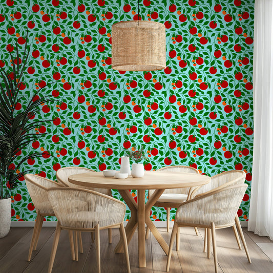 tomato wallpaper, red and orange tomatoes on light blue background, kitchen, dining room, restaurant wallpaper, quirky, colourful, vintage, fun wallpaper home decor