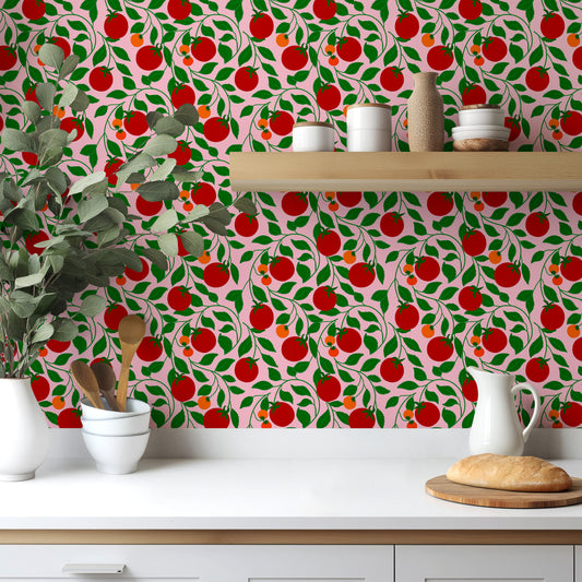 tomatoes wallpaper, pink background, orange and red tomatoes on green leaves, kitchen, dining room, restaurant wallpaper