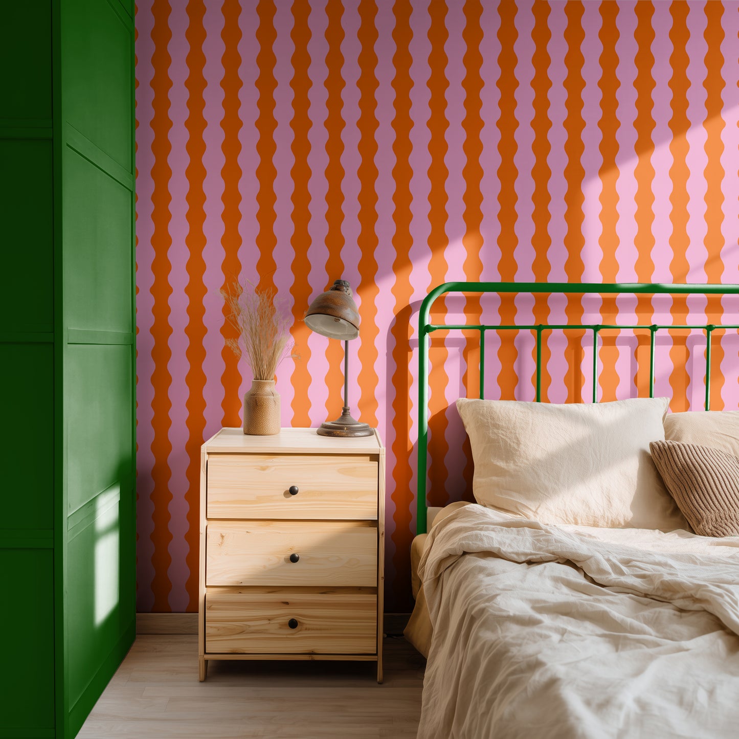 orange wavy wallpaper for bedroom, orange and pink abstract wallpaper, teenager wallpaper, quirky fun wallpaper, modern dopamine decor, maximalist home