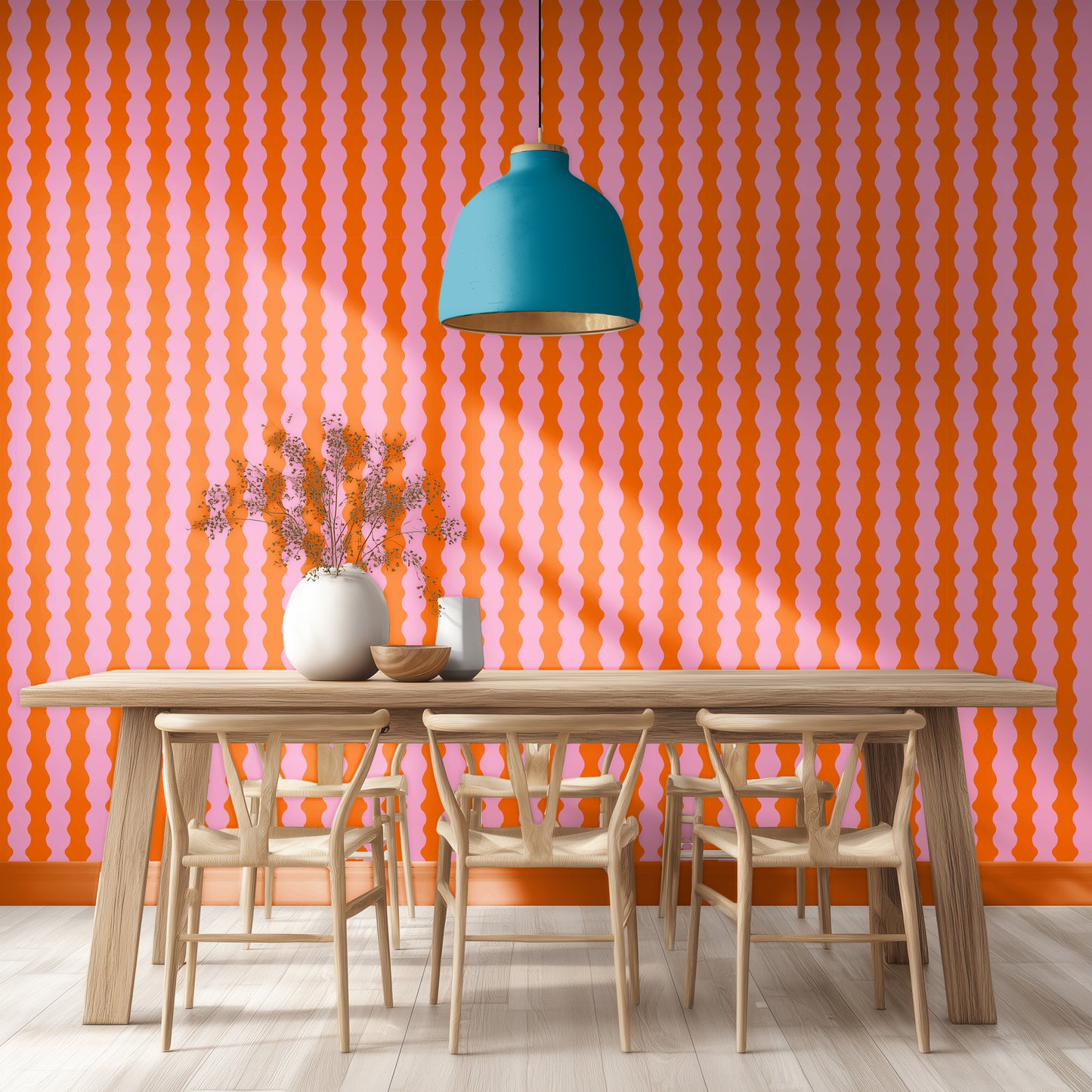 orange and pink wavy wallpaper, dining room wallpaper, quirky modern wiggle wallpaper, abstract design, dopamine maximalist wall covering