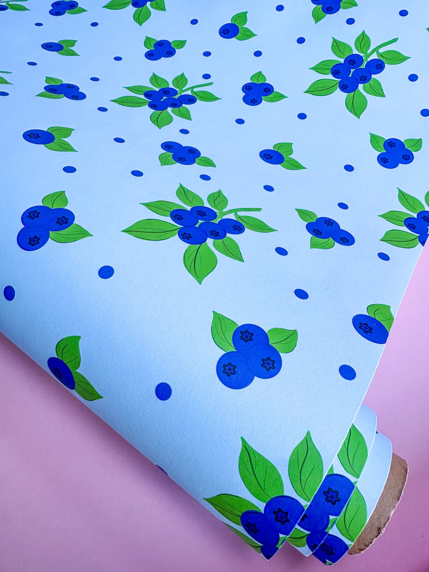 Roll of paper with blueberry pattern on a light blue background, blue and green wallpaper, fruit wallpaper, kitchen wallpaper