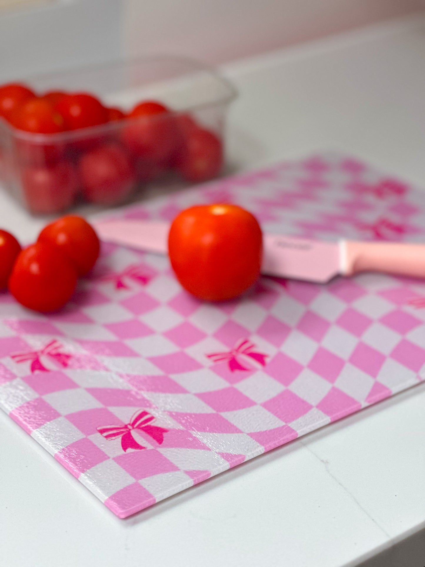 pink bows and checks worktop saver, cutting board, chopping board, new home gift, pink home gift, glass cutting board