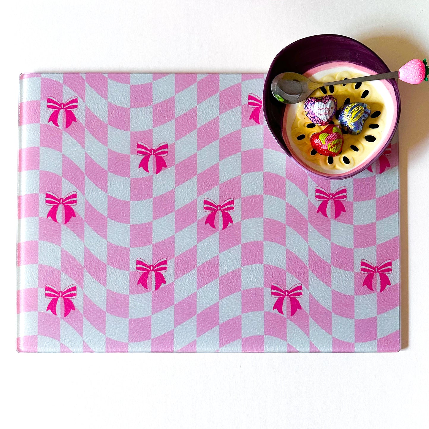 glass chopping board with bows coquette design