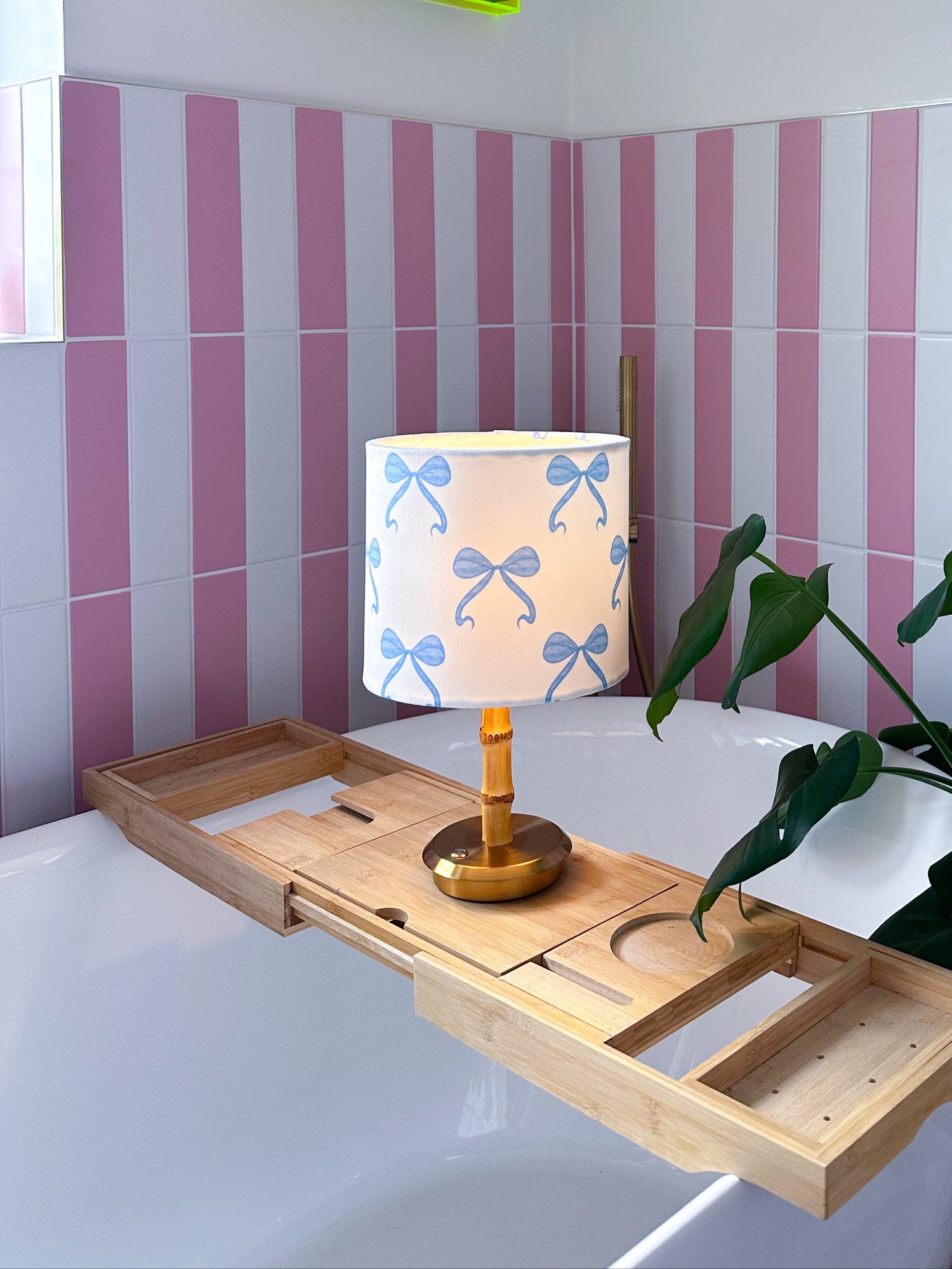 bows lampshade in blue with wireless lamp base, romantic lampshade home decor