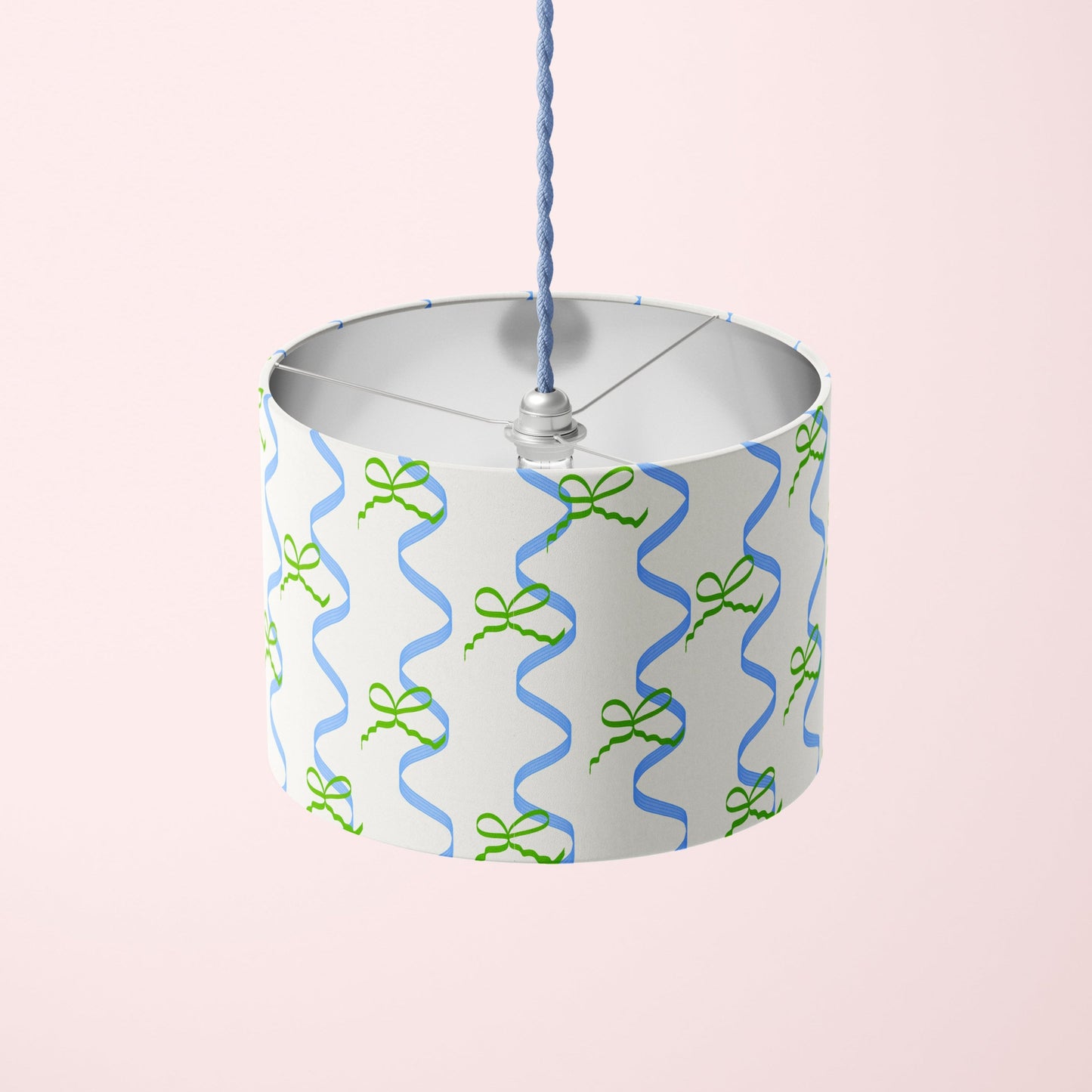 lampshade with bows and ribbons pattern in blue and green