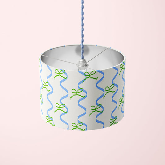lampshade with bows and ribbons pattern in blue and green