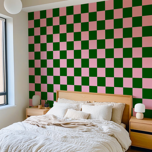 checkered wallpaper in pink and green peel and stick maximalist colourful home decor 