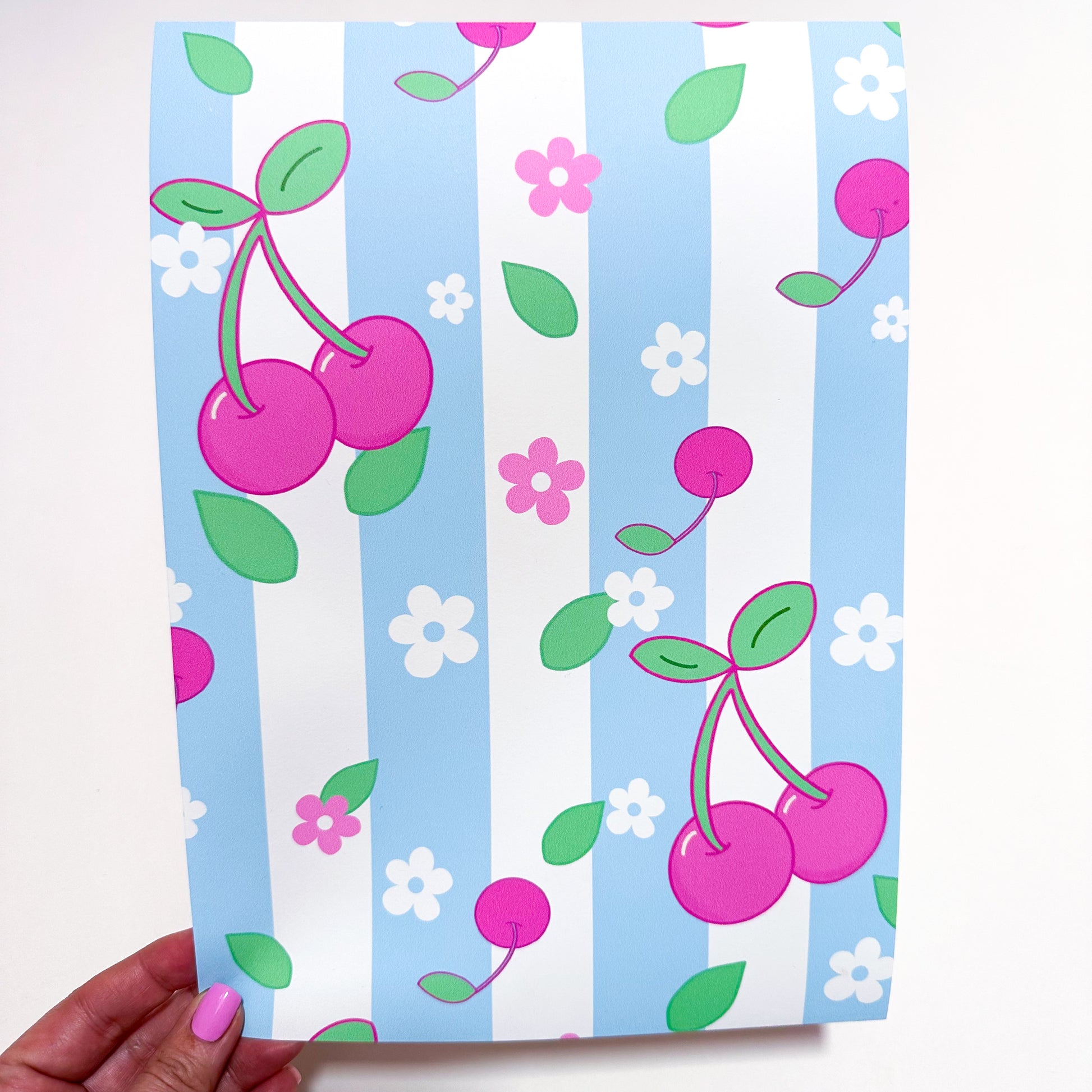 pastel blue and pink cherries wallpaper for kitchen kids room