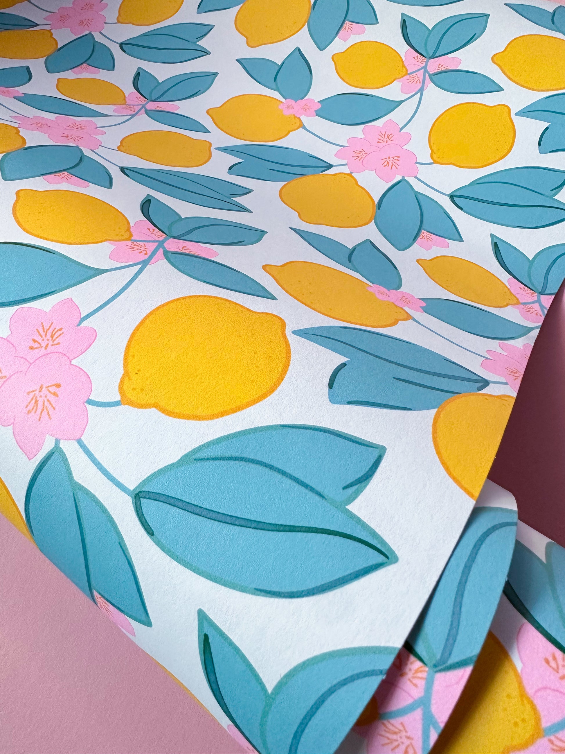 yellow lemon and pink blossom pattern wallpaper for kitchen, dining room, hallway, fun interior, modern vibe