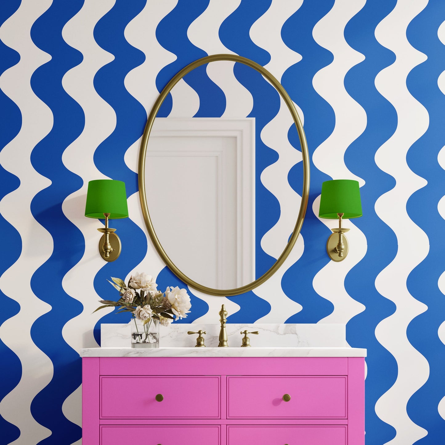 Wavy wallpaper in cobalt blue for interior walls, blue abstract wallpaper
