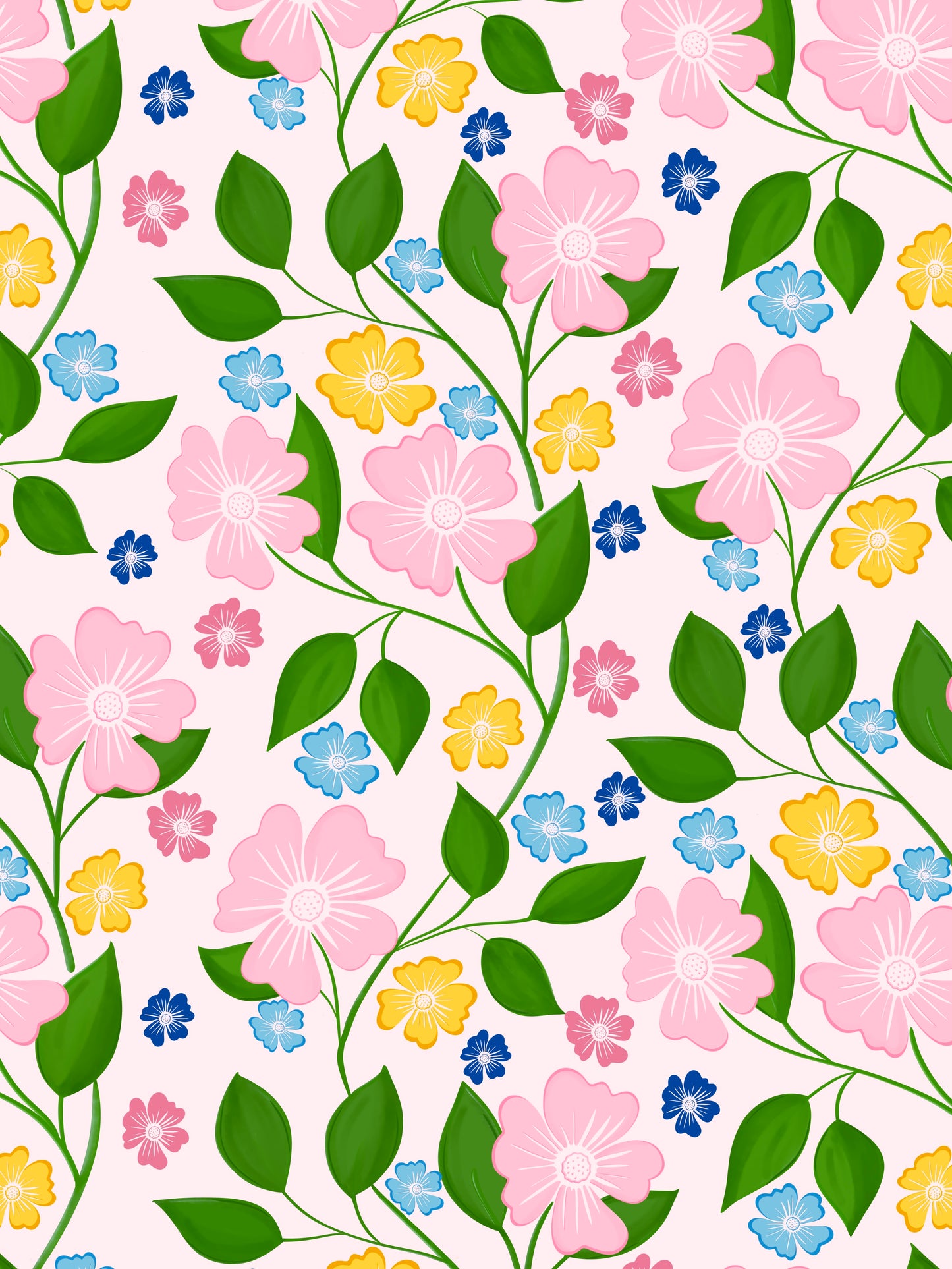 Floral pattern with pink, yellow, and blue flowers, upholstery fabric, designer fabric, trailing flower pattern, children's fabric pattern, luxury fabric