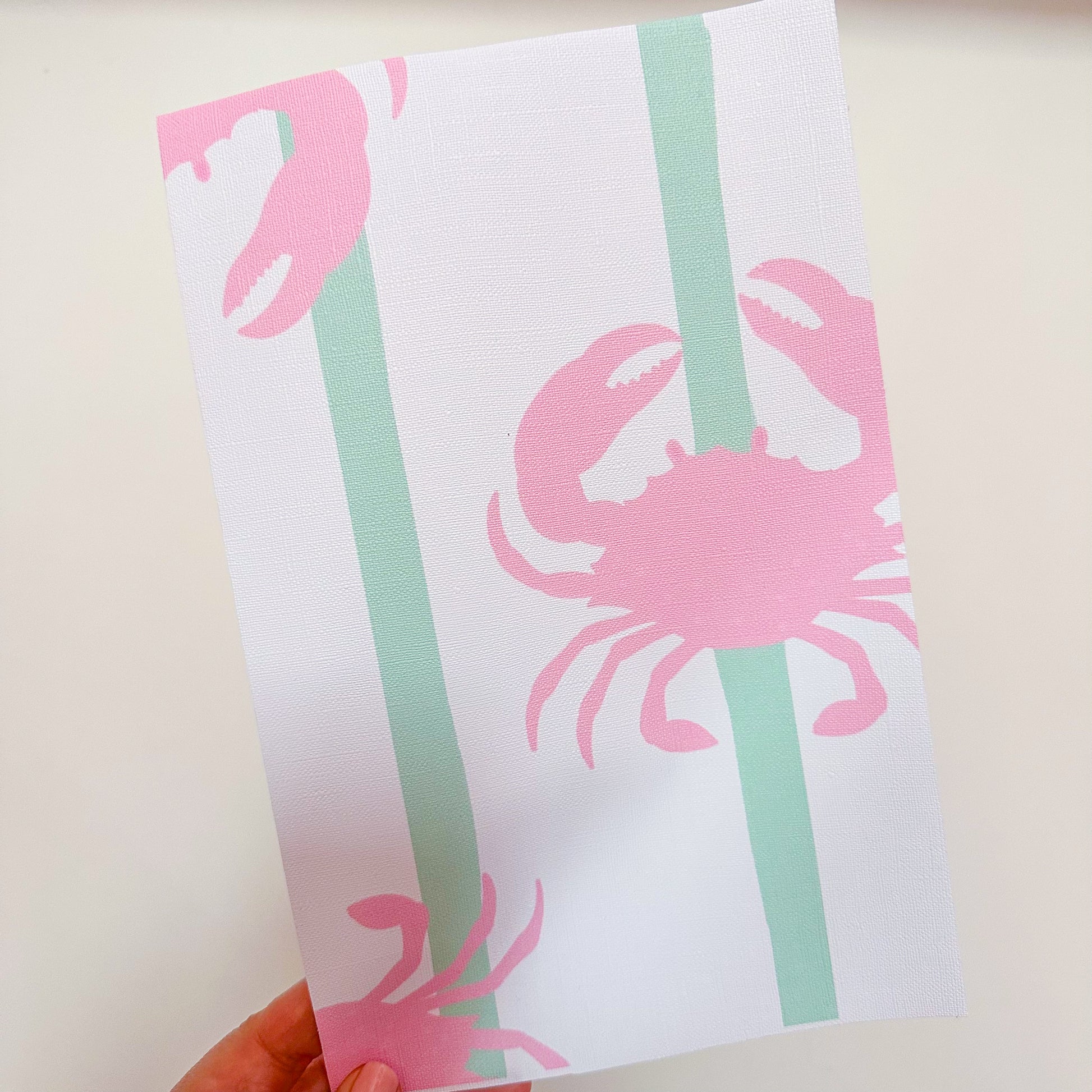 Don't be Crabby peel and stick self adhesive wallpaper sample for bathroom in mint green and pink