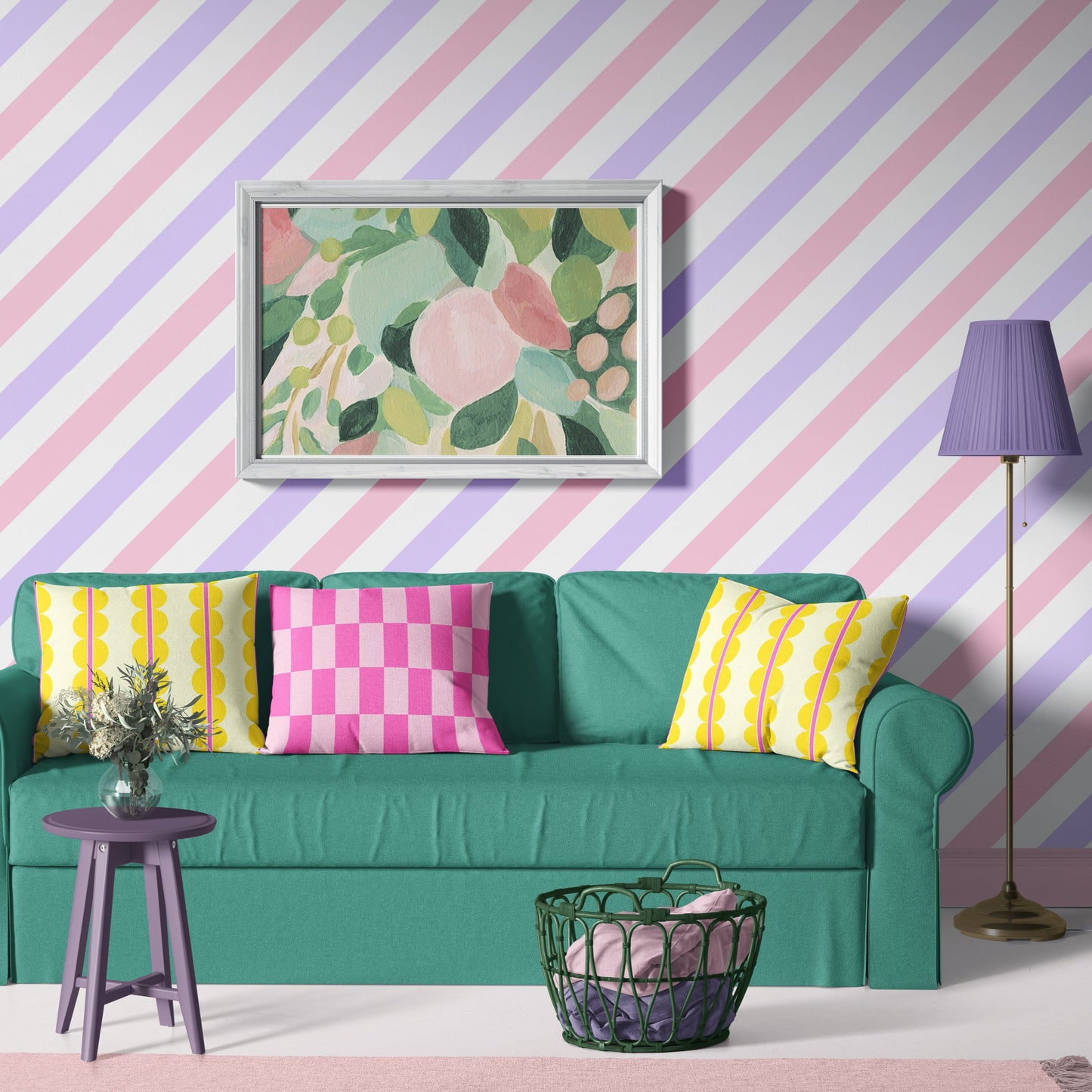 diagonal stripes wallpaper in pink and lilac