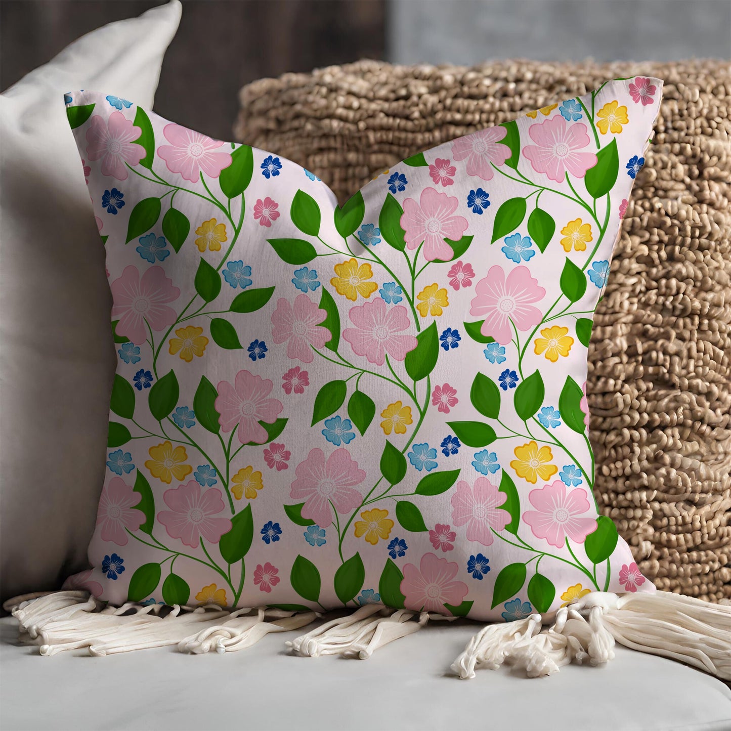 Floral patterned pillow fabric, luxury designer fabric, trailing floral upholstery fabric in multicolour, pink, yellow, blue green flowers