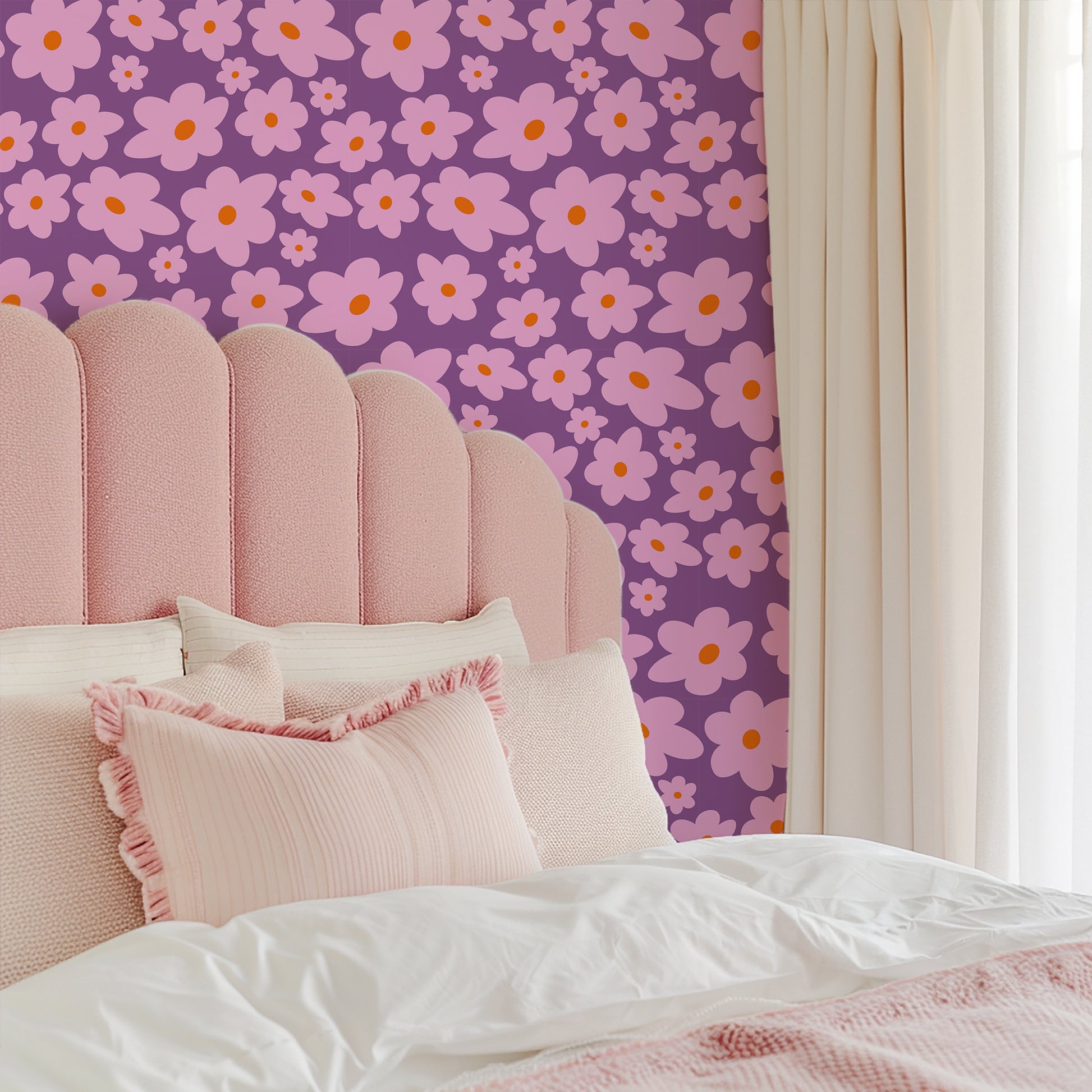 Modern Daisy floral wallpaper in purple and pink for bedroom girls room