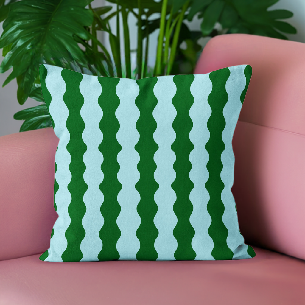 Wavy velvet cushion in blue and green