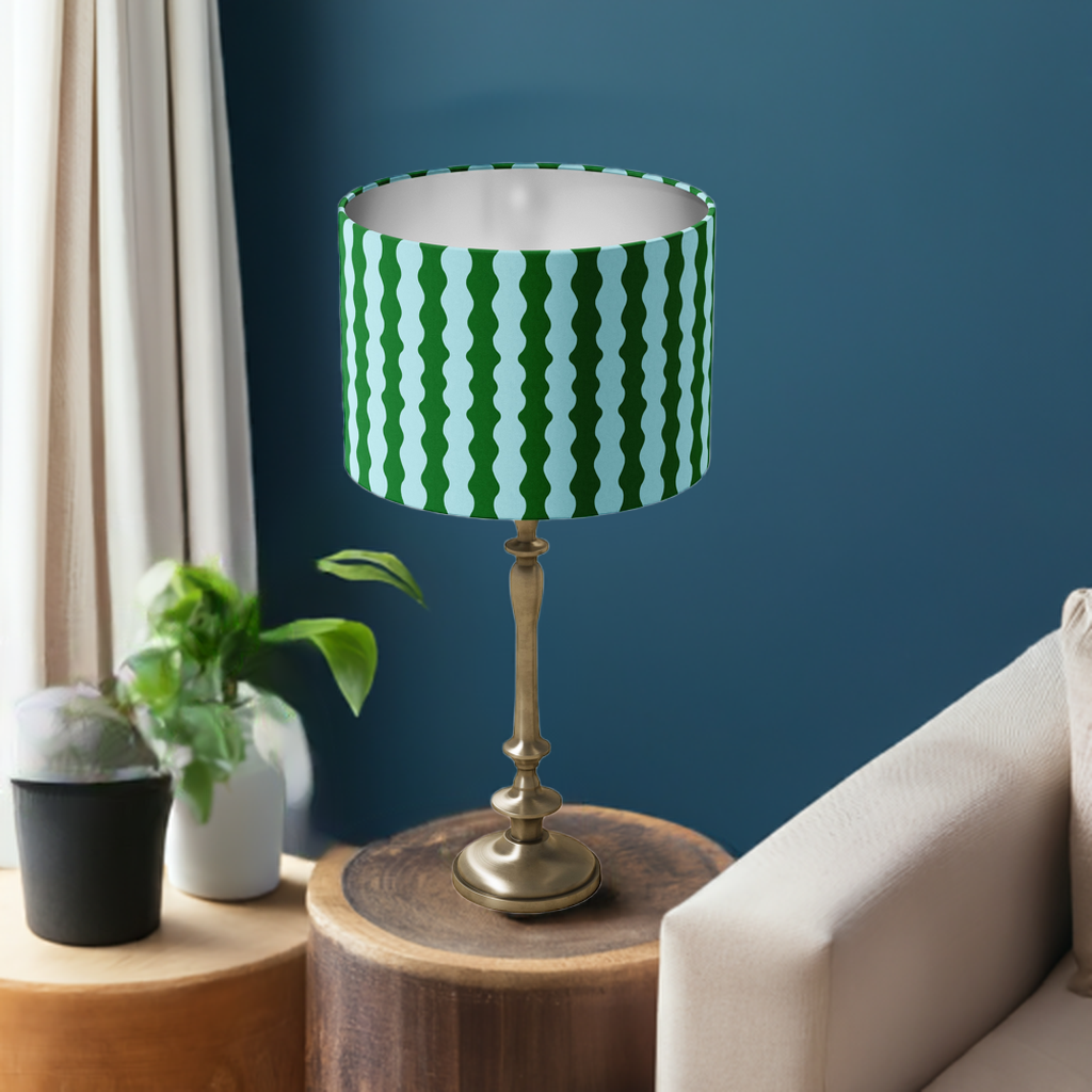 Blue and Green ‘Wiggle with Me’ wavy lampshade for tabletop or ceiling use