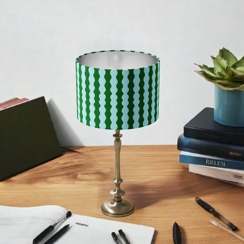 Blue and Green ‘Wiggle with Me’ wavy lampshade for tabletop or ceiling use