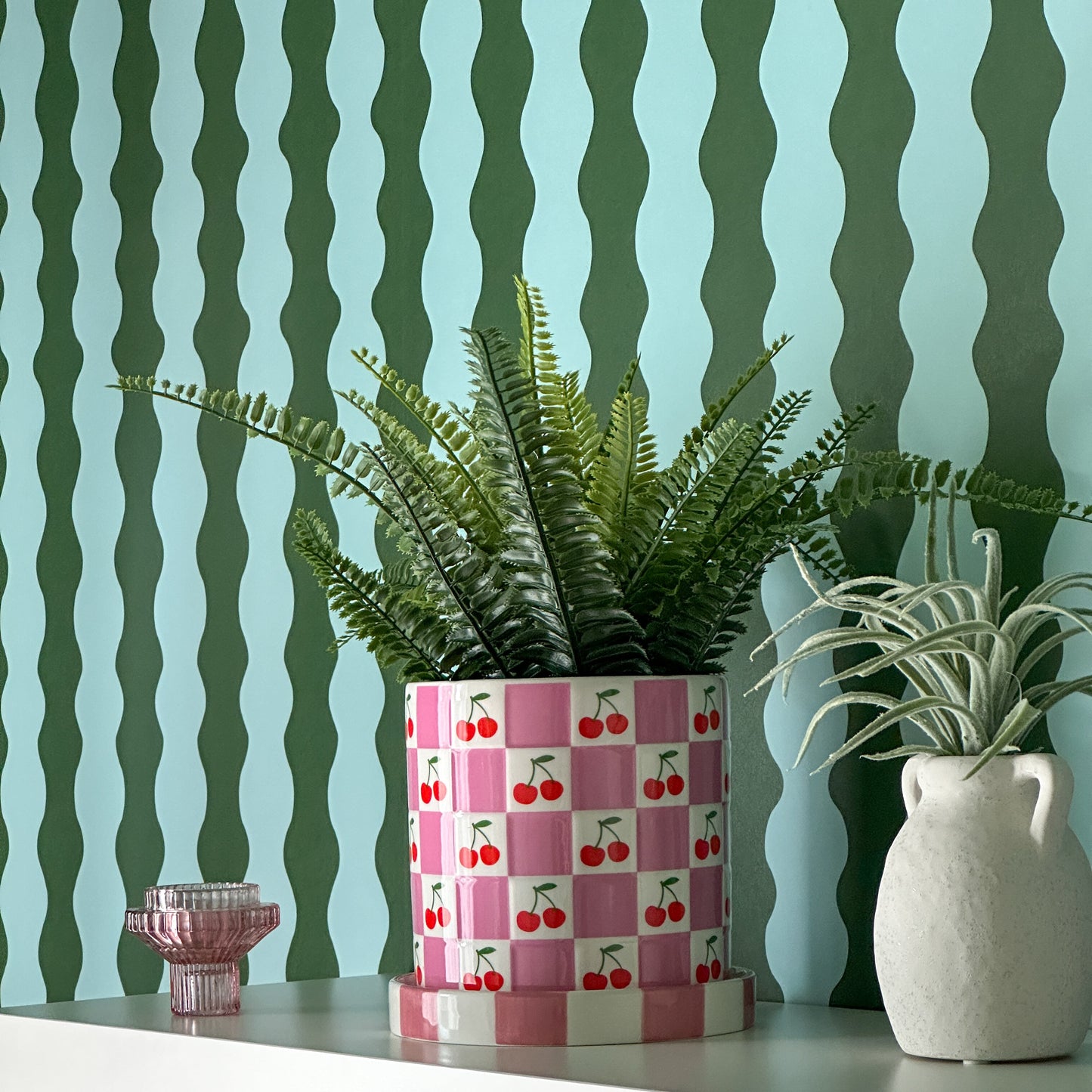 Green and blue wavy wallpaper maximalist home decor 