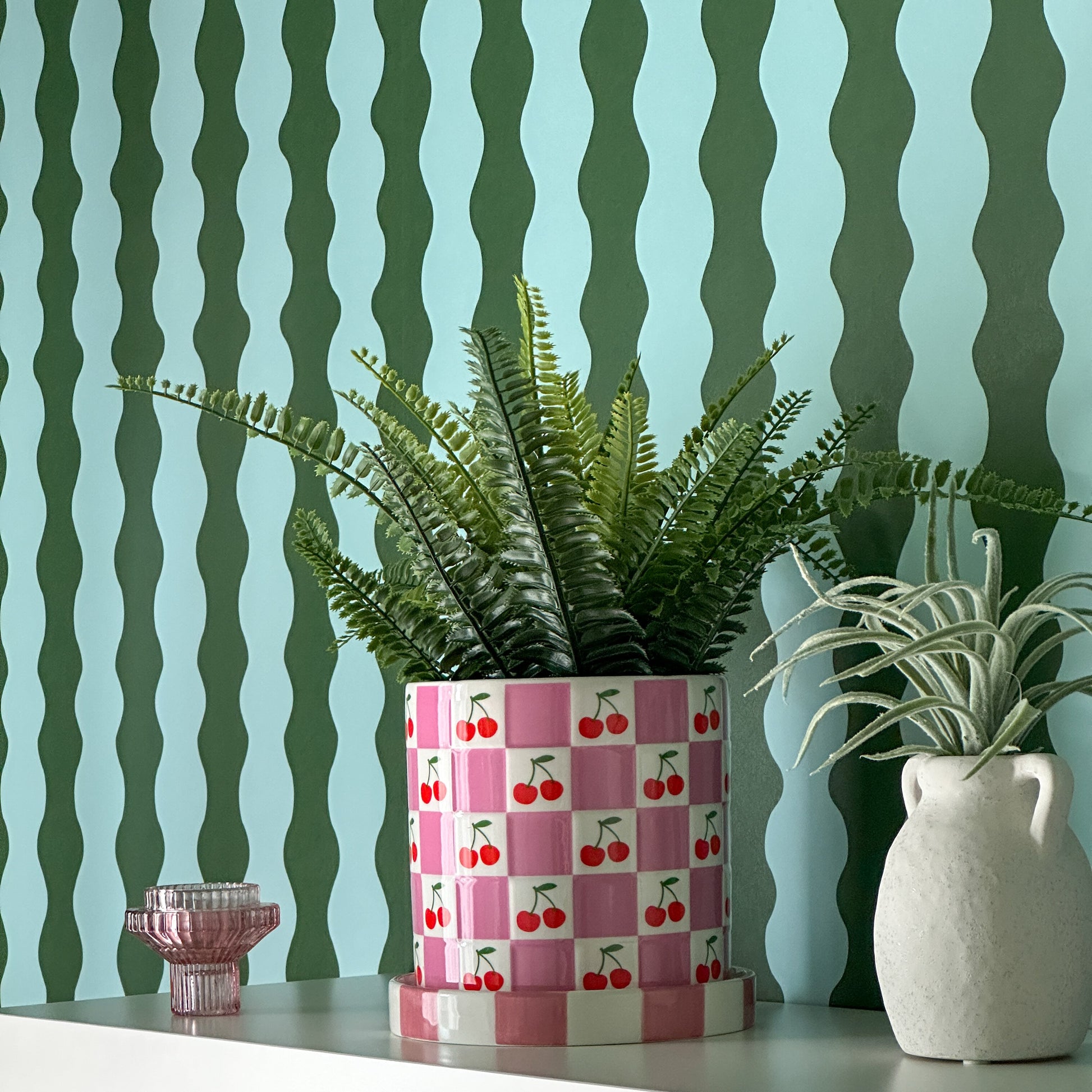 Green and blue wavy wallpaper maximalist home decor 