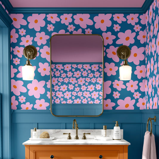 hello petal wallpaper with daisy pattern in blue, pink and orange, girls bedroom kitchen hallway bedroom peel and stick wallpaper maximalist home decor