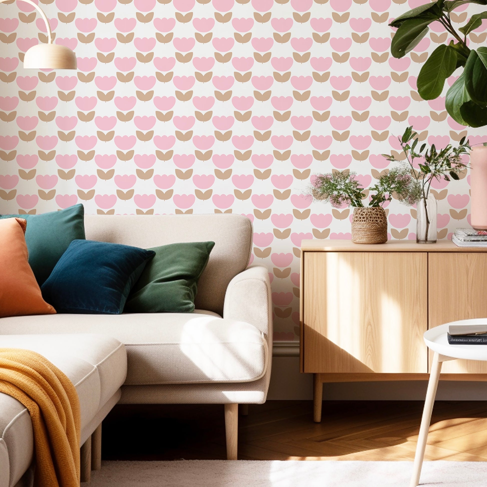 tulip wallpaper for living room in pink and brown colour