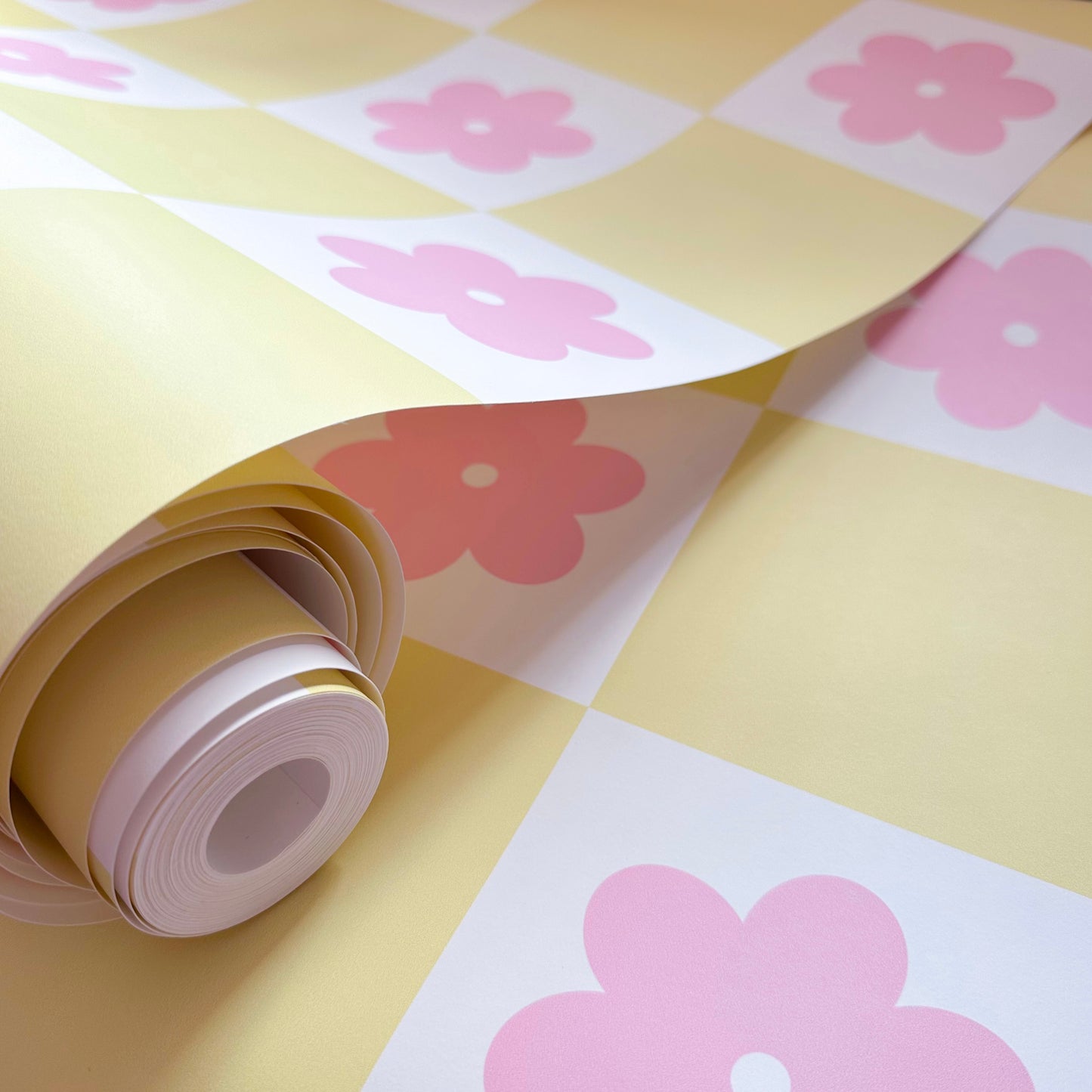 Daisy Dreams Checkered Wallpaper in Pink Candy and Lemon Sorbet