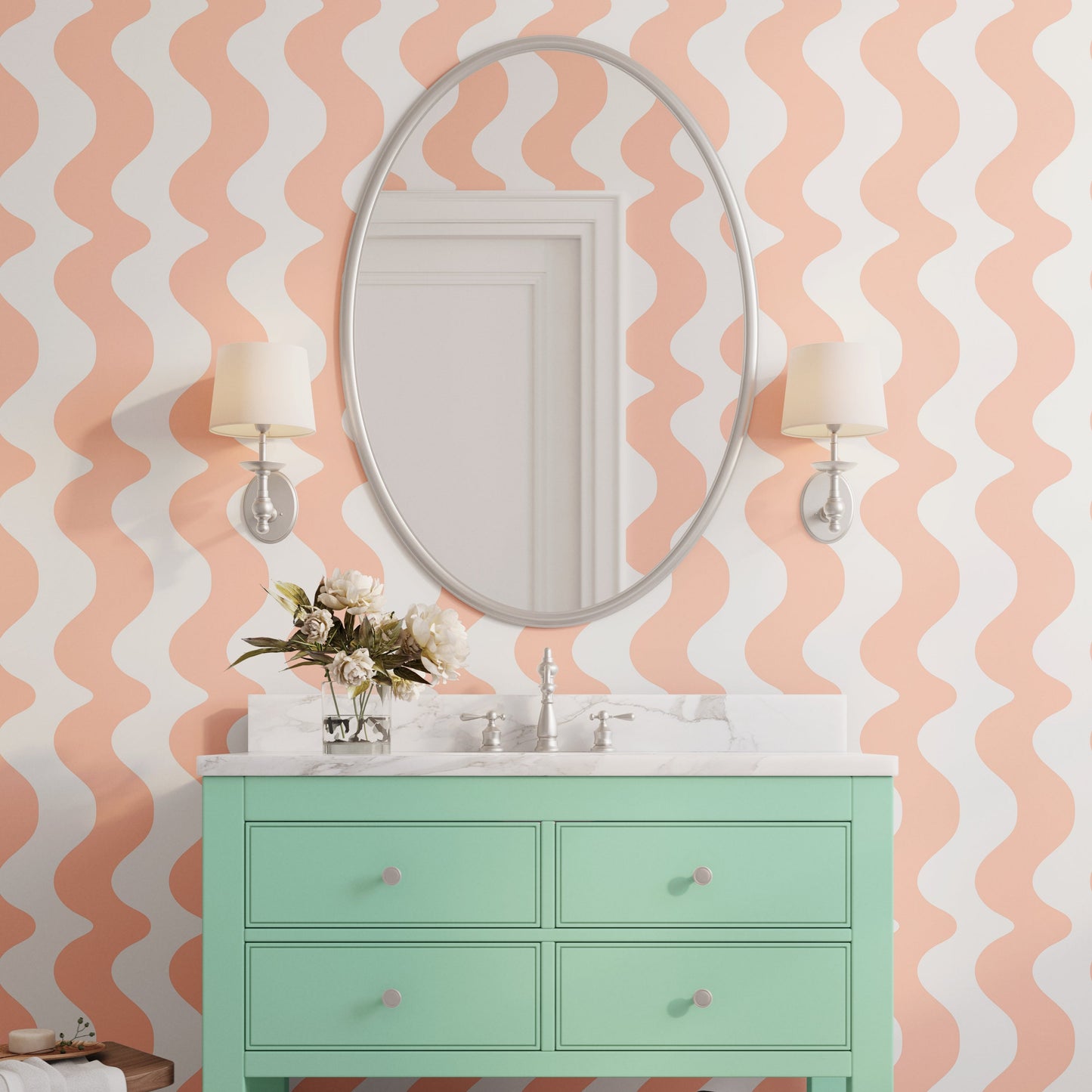 peach wallpaper pastel bathroom with wavy pattern abstract design for interiors retro