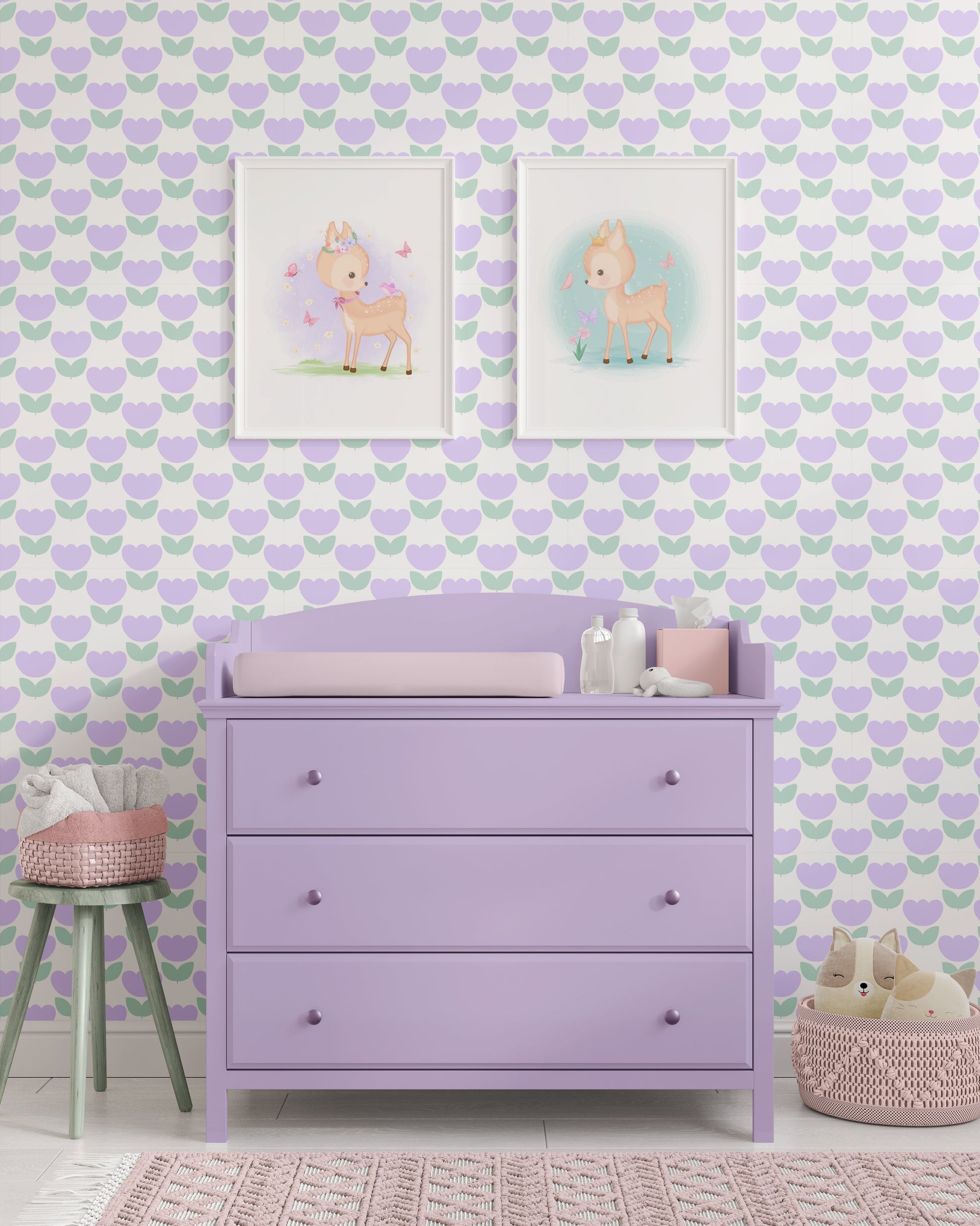 pastel purple lilac wallpaper with tulip motif kids wallpaper baby girl nursery