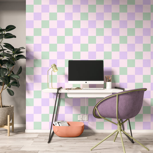 ‘Checkmate’ Checkerboard Wallpaper in Lavender, Pistachio and Pink Champagne