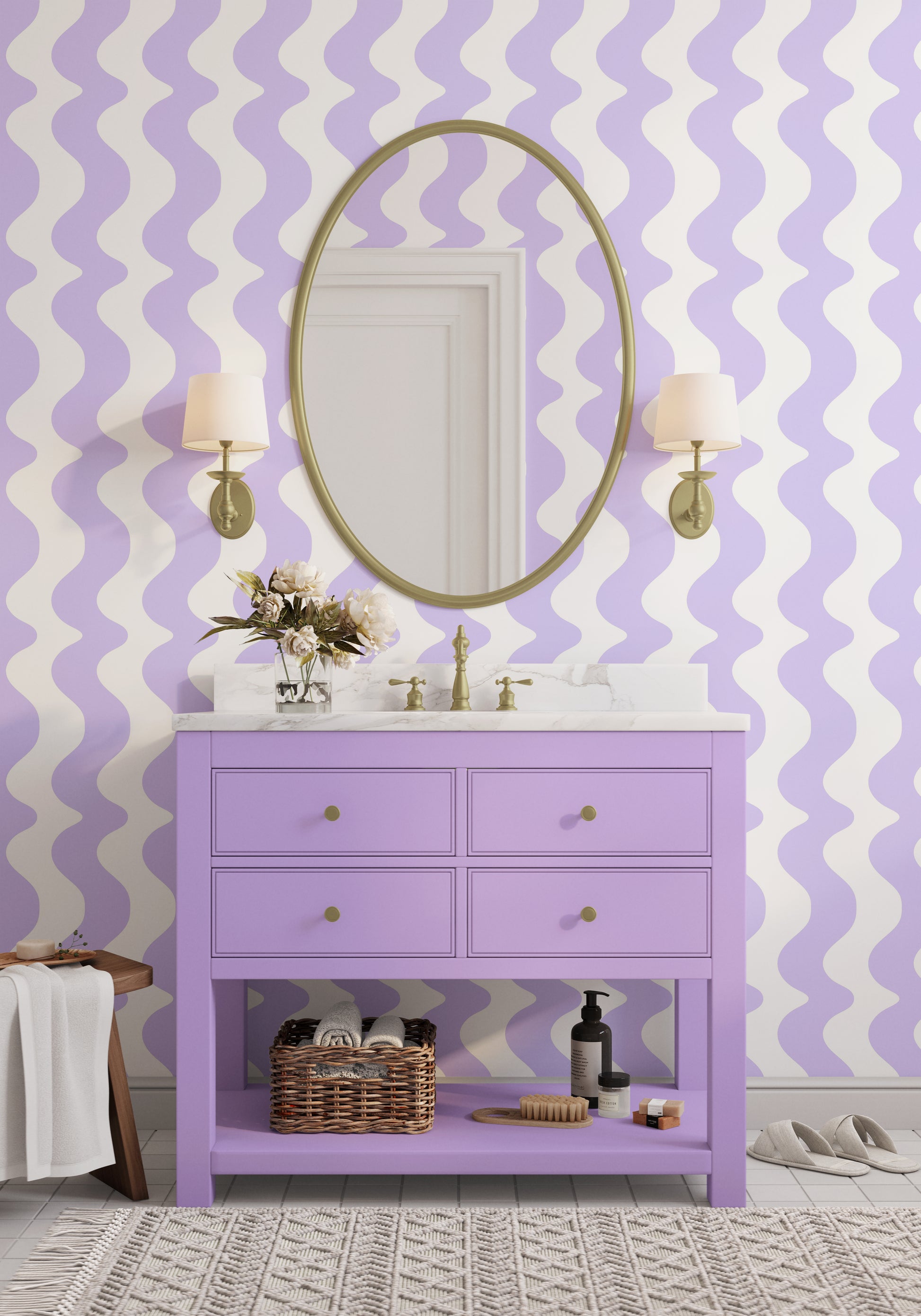 pastel purple wallpaper with wavy pattern for bathroom or girls bedroom walls