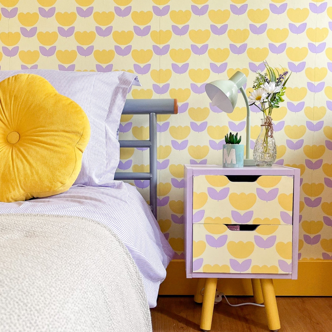 tulip wallpaper for bedroom in yellow and purple colours