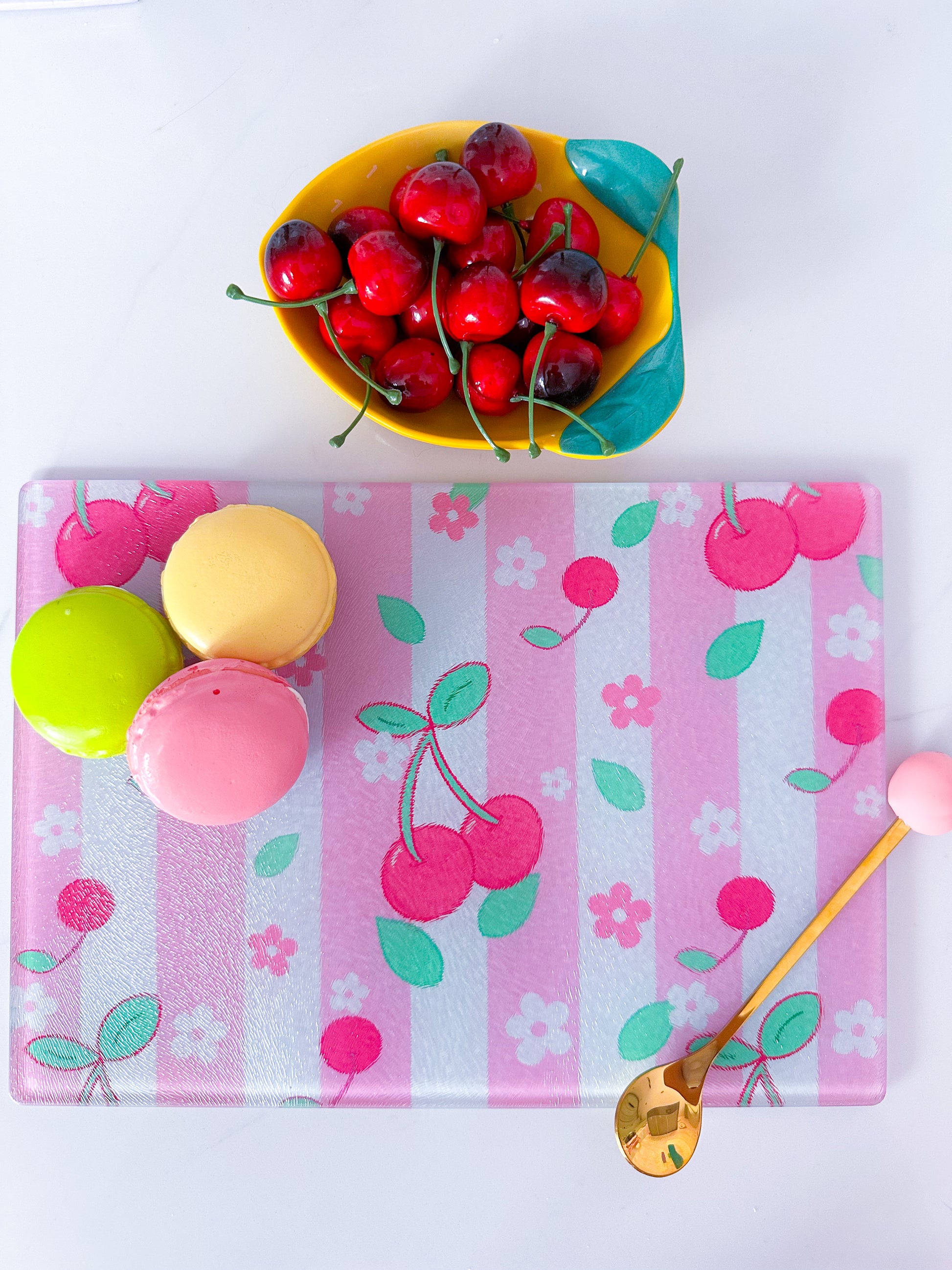 Glass chopping board with cherry design, glass worktop saver