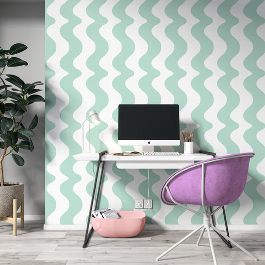 soft pastel green wallpaper for office walls with wavy pattern