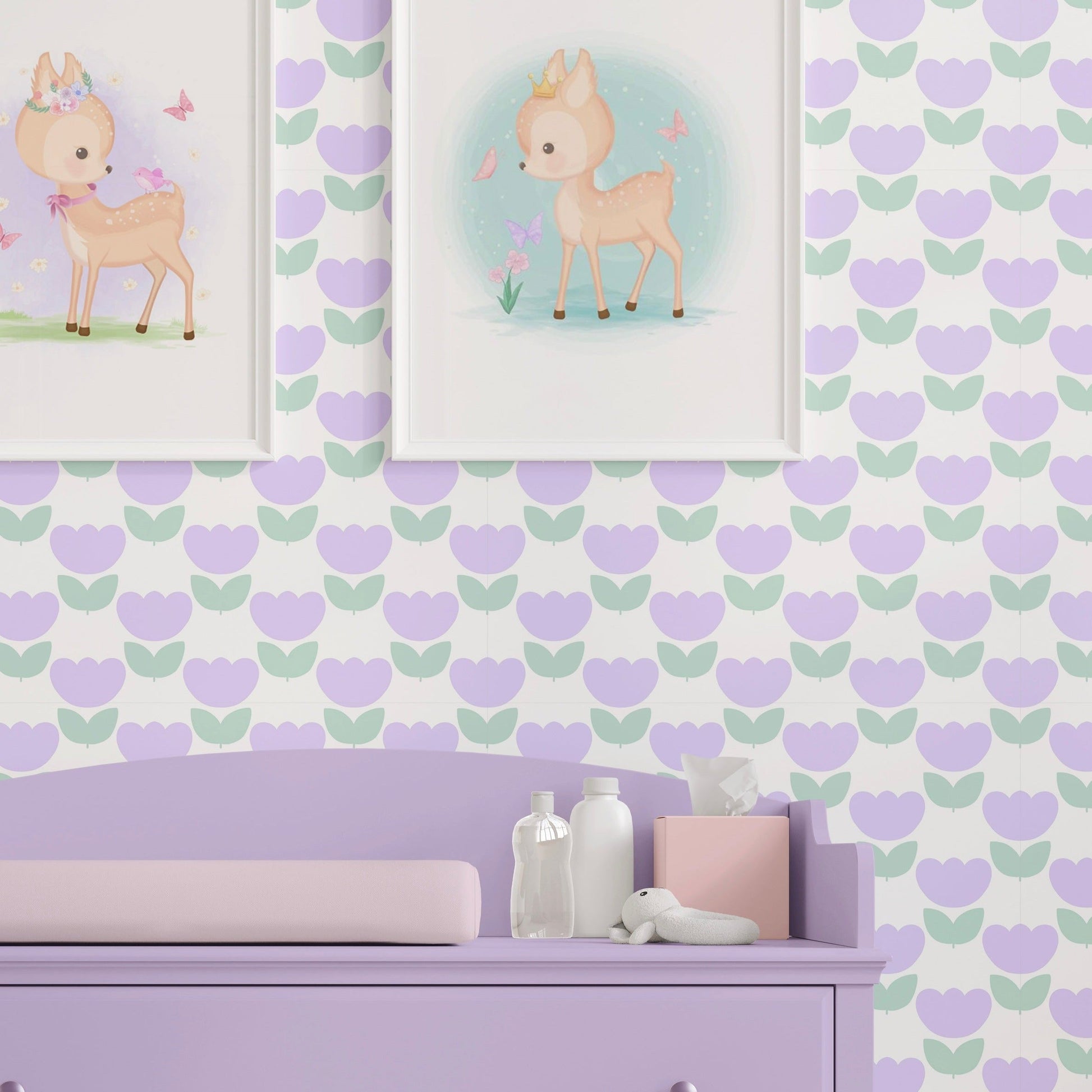 tulip wallpaper for kids room in lavender and green colours