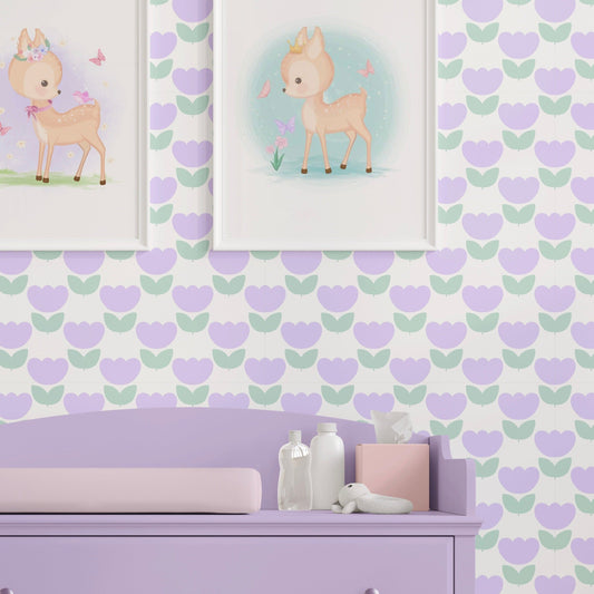 tulip wallpaper for kids room in lavender and green colours
