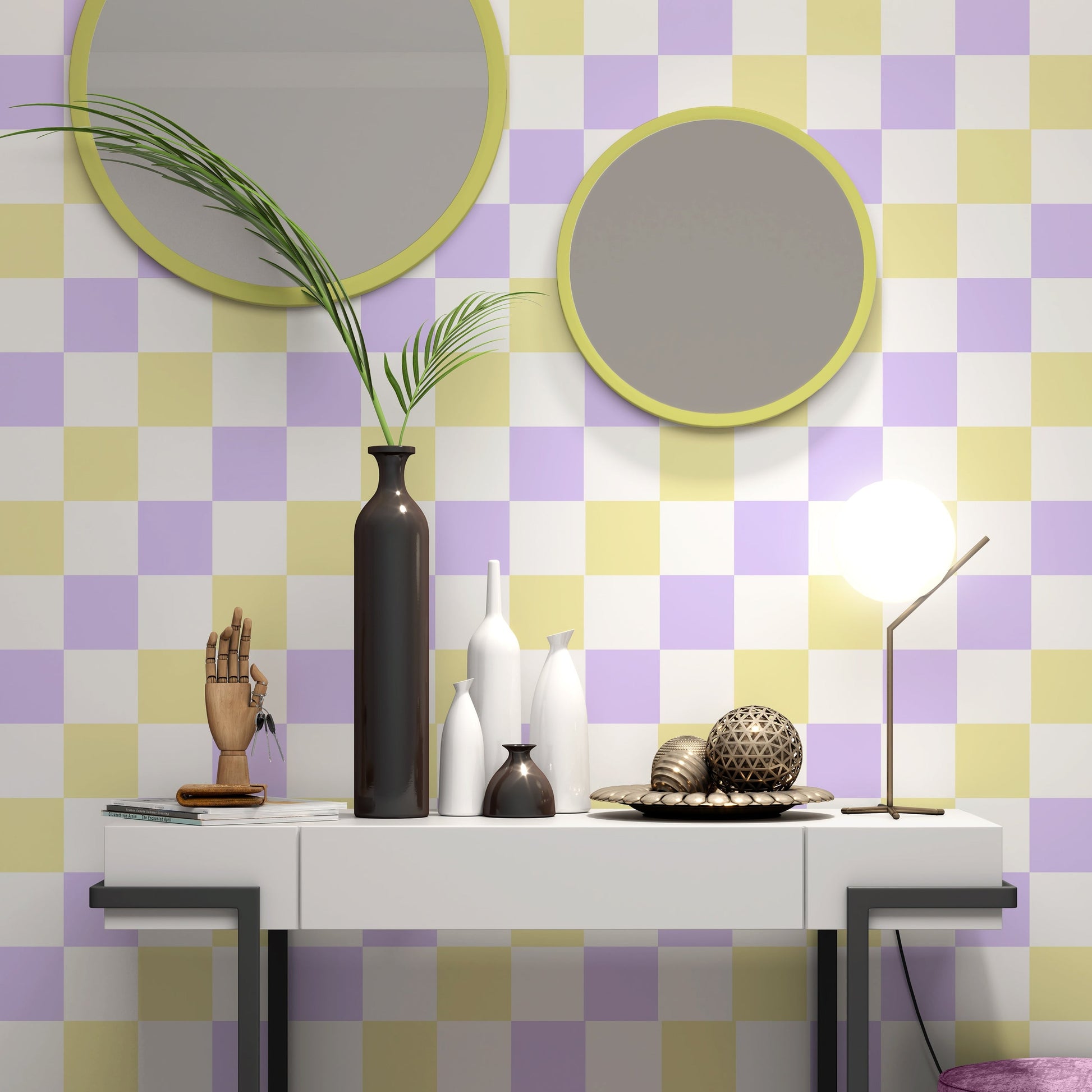 yellow and purple wallpaper with checkerboard pattern