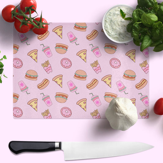 Glass chopping board with retro fast food design in pink colour