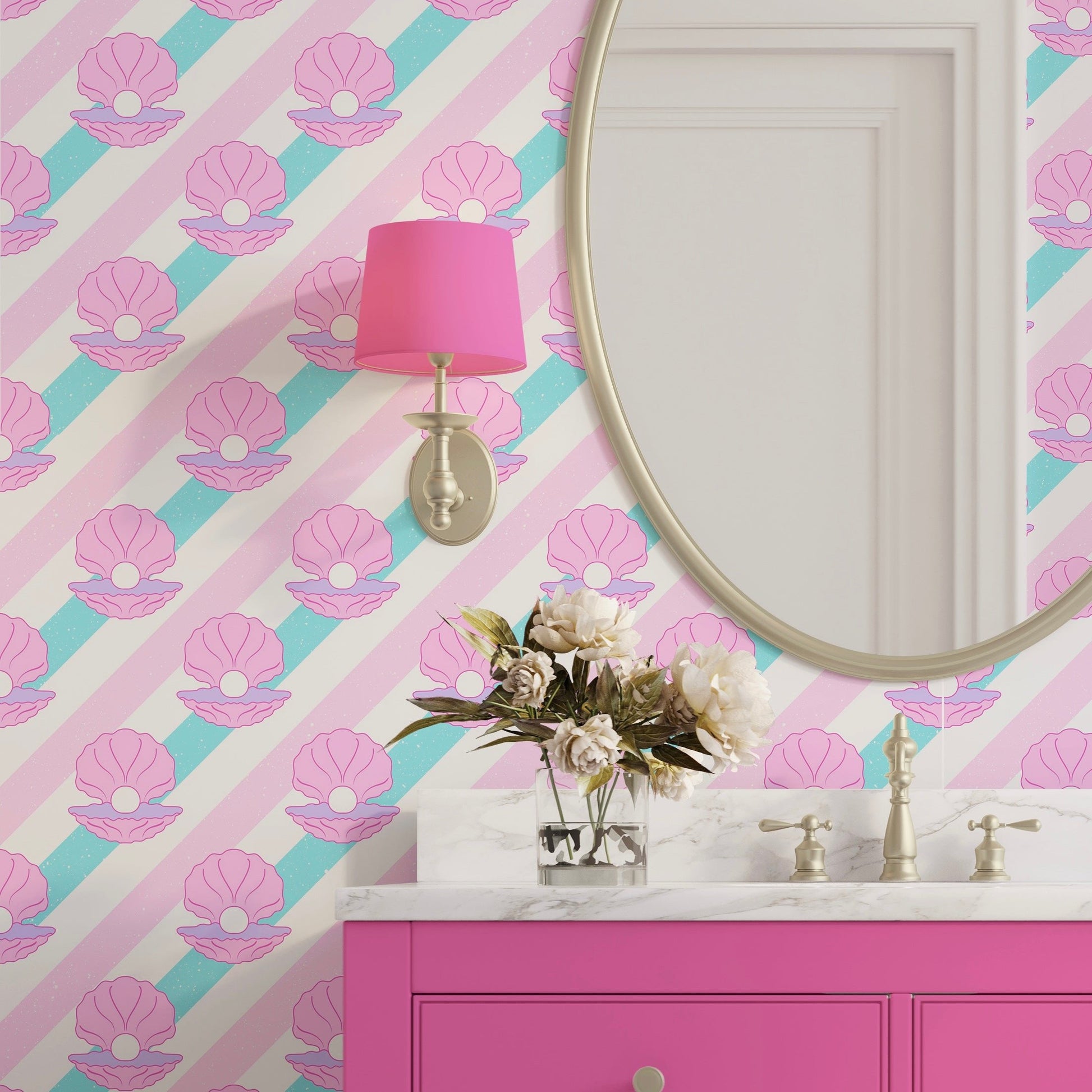 sea shell wallpaper for bathroom in blue and pink