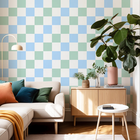checkerboard wallpaper UK, blue green white