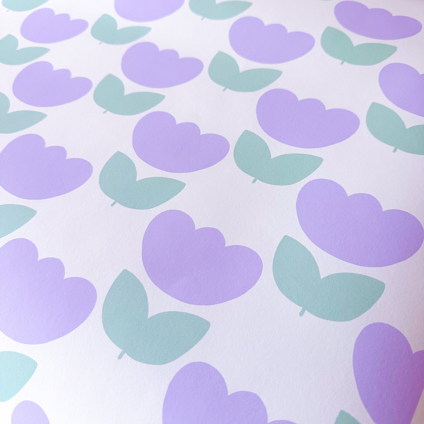 tulip wallpaper for interiors in pastel purple and green colours
