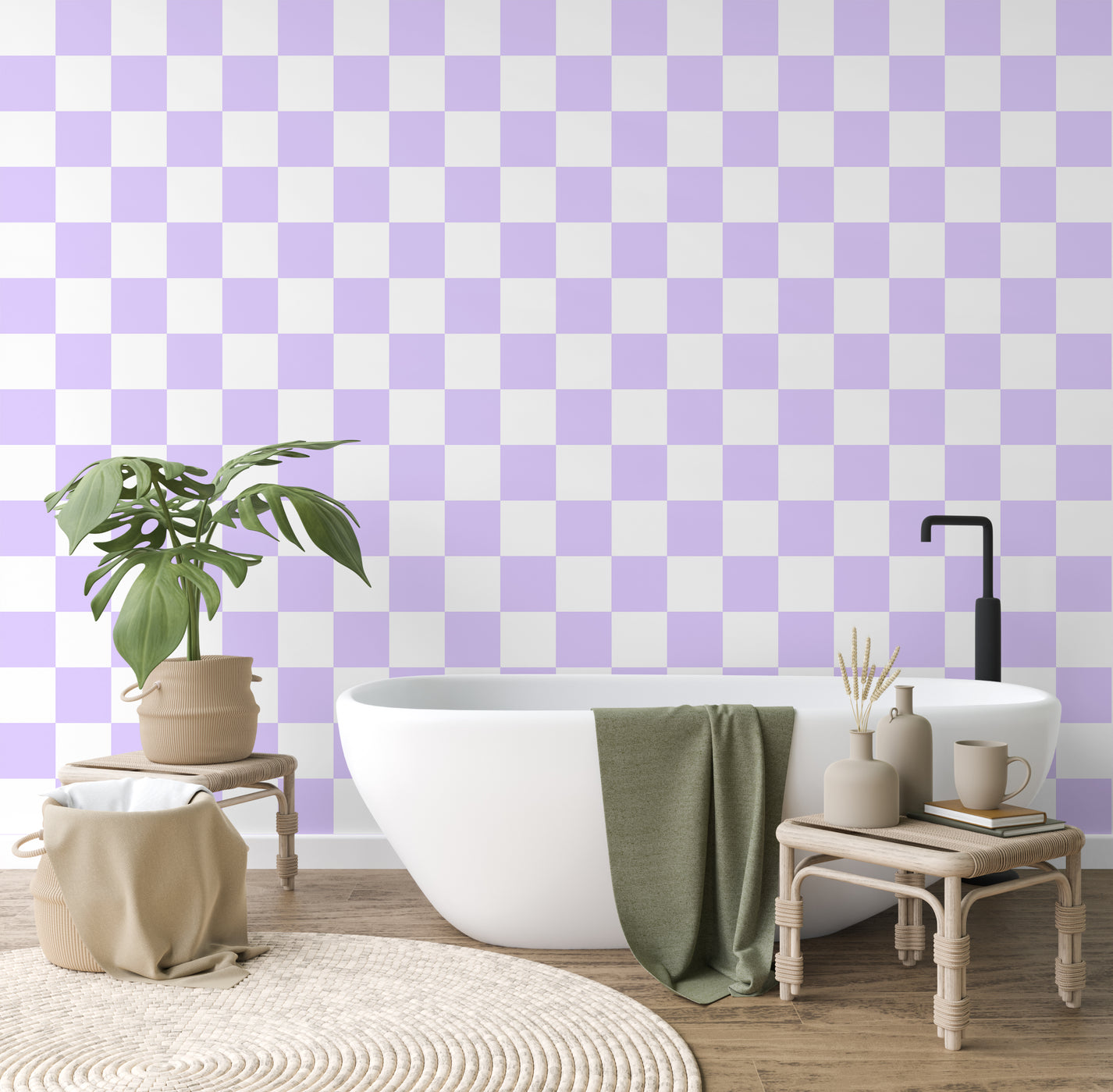 ‘Checkmate’ Checkerboard Wallpaper in Lavender | Purple checkered wall