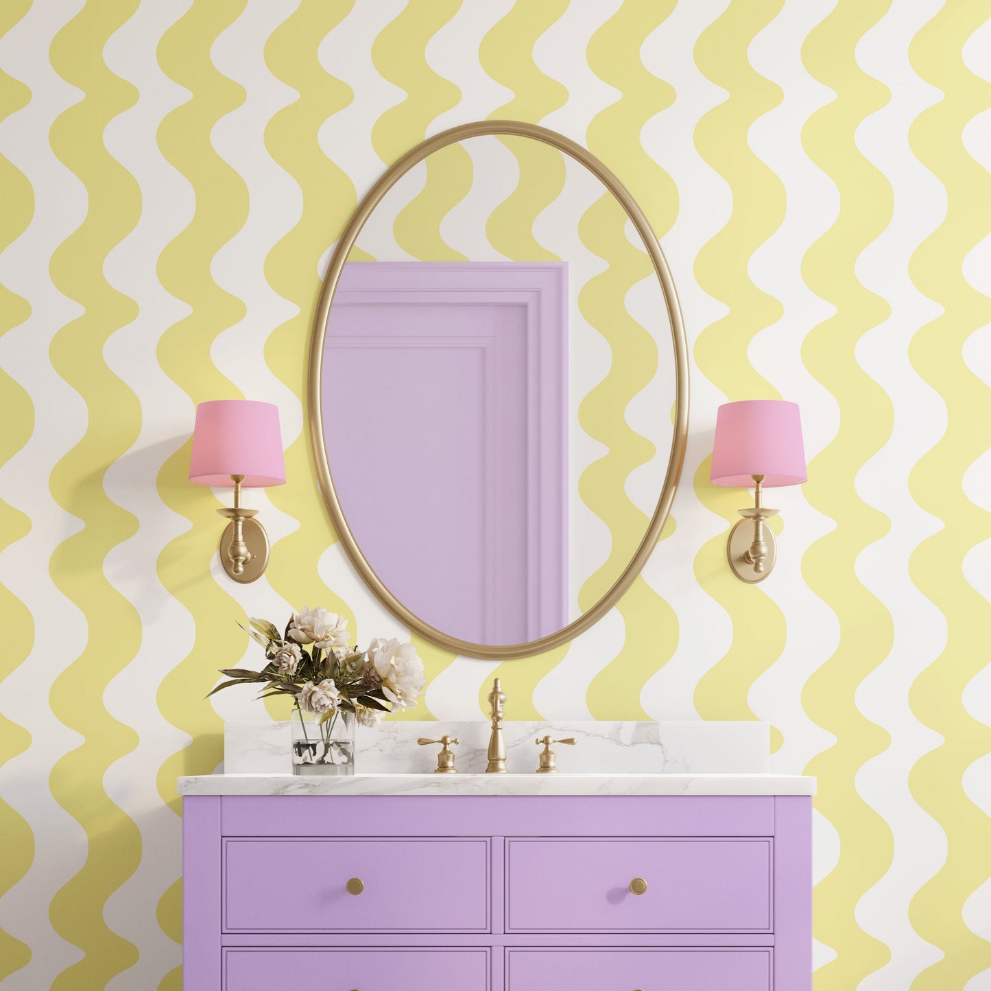 yellow purple bathroom wallpaper with waves pattern