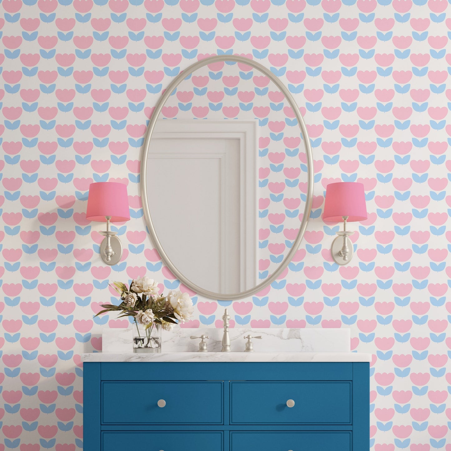 blue and pink bathroom wallpaper tulip motif