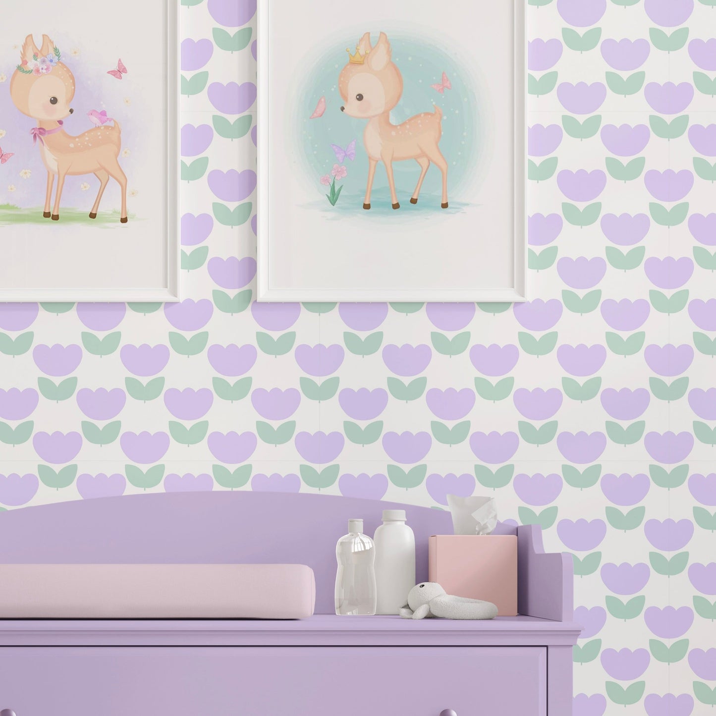 tulip wallpaper for kids room in lavender and green colours nursery