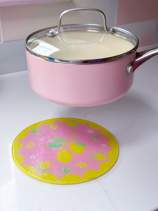 pink and yellow lemon pattern trivet, dopamine kitchen, colourful kitchen accessory, fruit-themed coaster, pastel lemon tableware