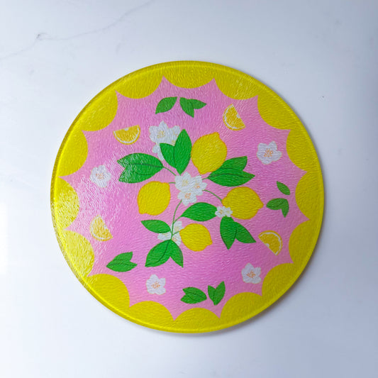 lemon trivet, pink and yellow glass placemat, lemon home decor, lemon gift, hostess gift, new home gift, pink and yellow kitchen decor