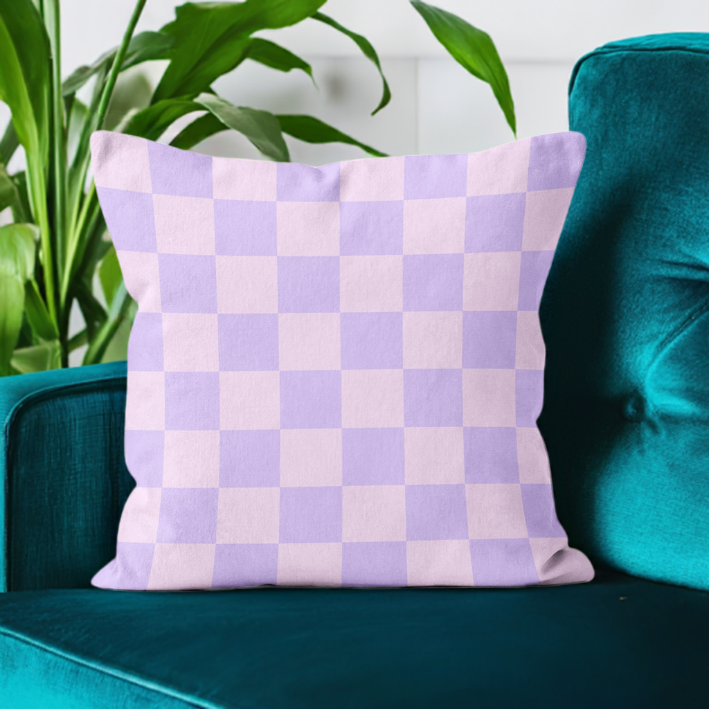 lilac and pink checkered velvet cushion colourful pastel maximalist interior decor