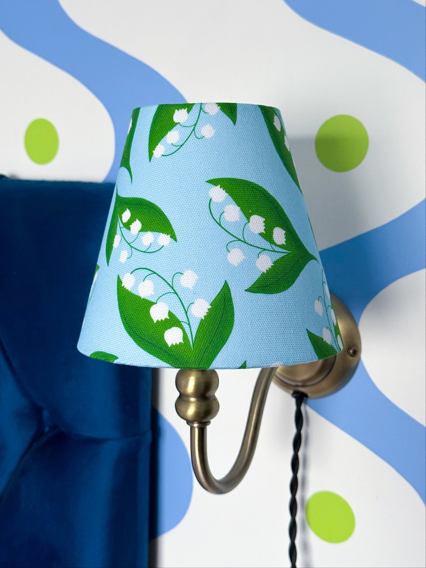 lily of the valley candle clip light shade in blue, floral light shade, blue and green lily of the valley lampshade, designer lamp shade, blue, green and white floral lamp shade